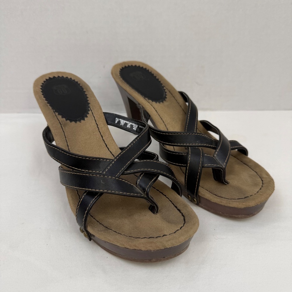 Y2K Boho Route 66 Rio Black Strappy Studded Platform Block Heel Sandals Womens 8